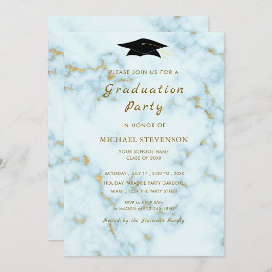 Gold White Marble Afstuderen Invitation Sjabloon (Voorkant / Achterkant)