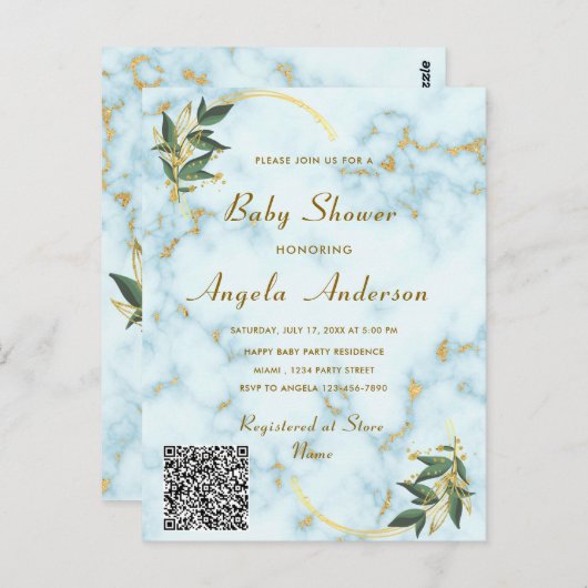 Gold White Marble QR Code Baby shower Uitnodiging (Voorkant / Achterkant)