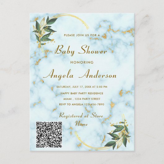 Gold White Marble QR Code Baby shower Uitnodiging (Voorkant)