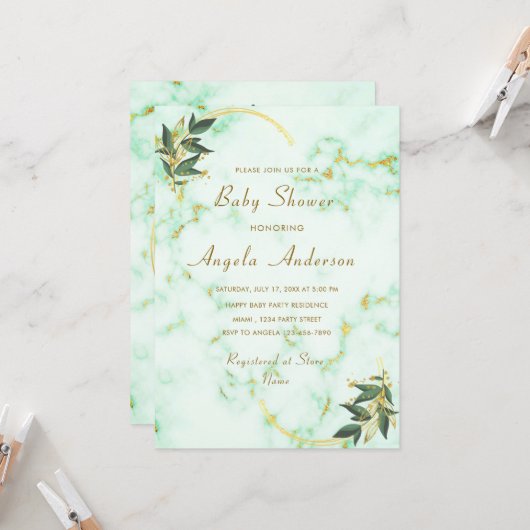 Gold White Marble Stone Baby shower Invitation (Voorkant / Achterkant in situ)