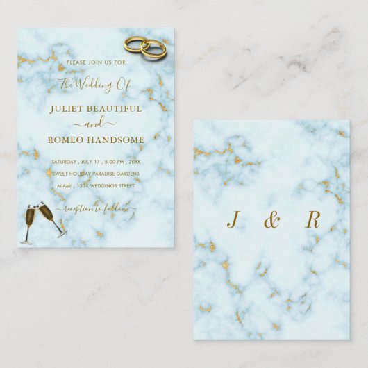 Gold White Marble Wedding Invitation Modern Design Notitiekaartje (Voorkant / Achterkant)