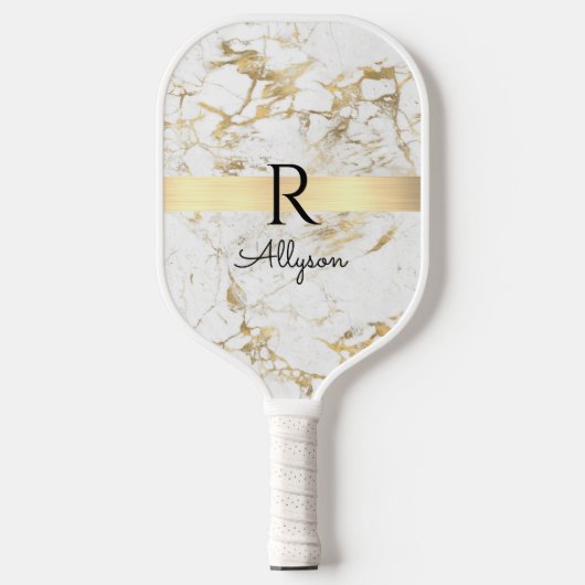 Gold & White marmer, Gold Bar, zwarte naam/monogra Pickleball Paddle (Voorkant)