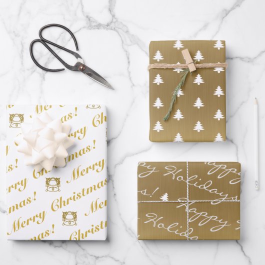 Gold White Merry Kerstmis Prettige feestdagen Tree Inpakpapier Vel (Voorkant)