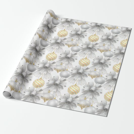 Gold White Metallic Bows & Ornamenten Vakantie Cadeaupapier (Uitgerold)