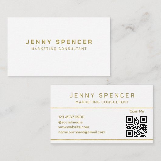 Gold White Minimalist QR Code Professional Visitekaartje (Voorkant / Achterkant)