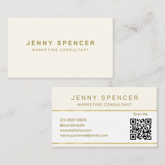 Gold White Minimalist QR Code Professional Visitekaartje (Voorkant / Achterkant)