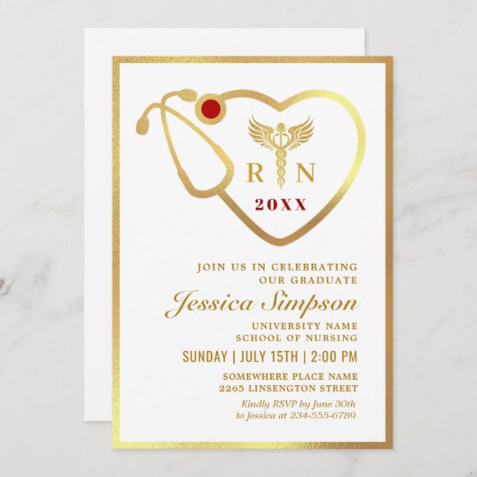 Gold White Modern Nursing School Graduparty Kaart (Voorkant / Achterkant)