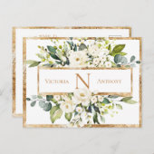 Gold White Monogram Floral Greenery Save the Date Briefkaart (Voorkant / Achterkant)
