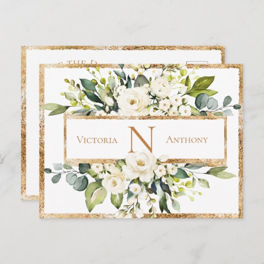 Gold White Monogram Floral Greenery Save the Date Briefkaart (Voorkant / Achterkant)