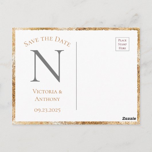Gold White Monogram Floral Greenery Save the Date Briefkaart (Achterkant)