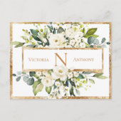 Gold White Monogram Floral Greenery Save the Date Briefkaart (Voorkant)