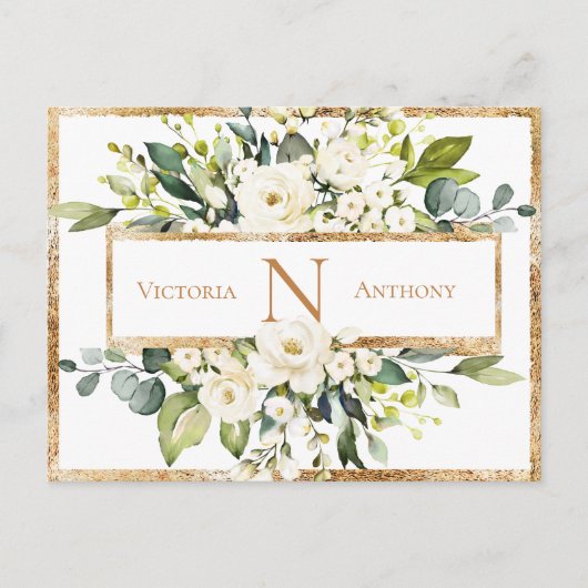 Gold White Monogram Floral Greenery Save the Date Briefkaart (Voorkant)