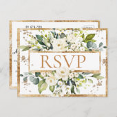 Gold White Monogram Floral Wedding RSVP Briefkaart (Voorkant / Achterkant)