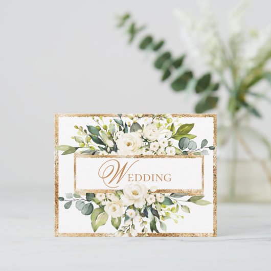 Gold White Monogram Floral Wedding Save the Date Briefkaart (Staand voorkant)