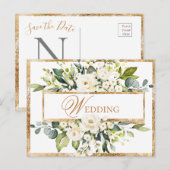 Gold White Monogram Floral Wedding Save the Date Briefkaart (Voorkant / Achterkant)