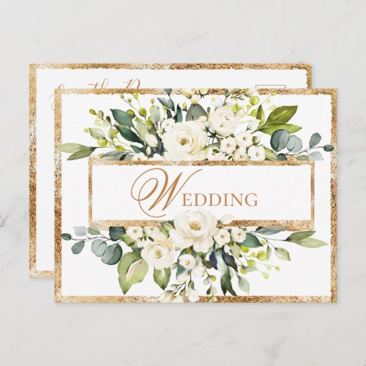 Gold White Monogram Floral Wedding Save the Date Briefkaart (Voorkant / Achterkant)