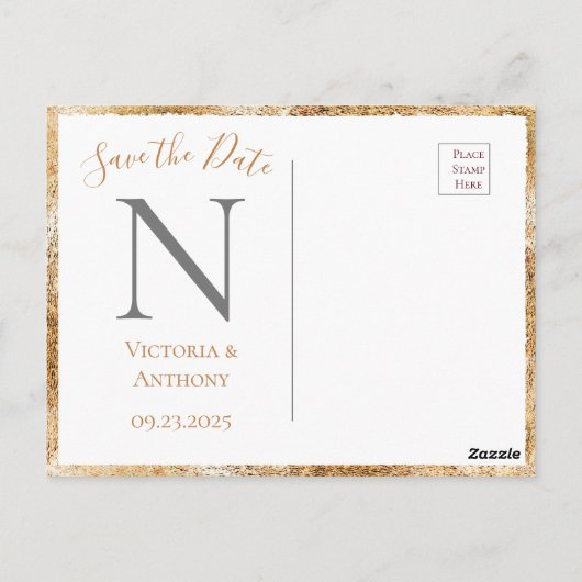 Gold White Monogram Floral Wedding Save the Date Briefkaart (Achterkant)