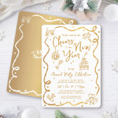 Gold White New Year Cheer Hand Drawn Sketch Party Kaart