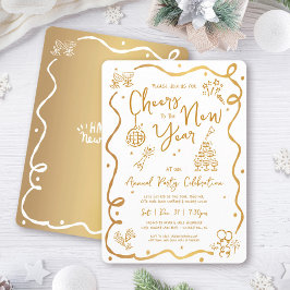 Gold White New Year Cheer Hand Drawn Sketch Party Kaart