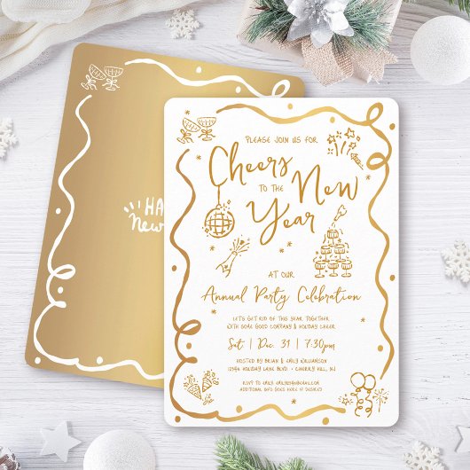Gold White New Year Cheer Hand Drawn Sketch Party Kaart