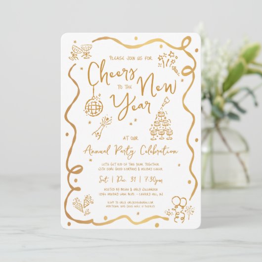 Gold White New Year Cheer Hand Drawn Sketch Party Kaart (Staand voorkant)