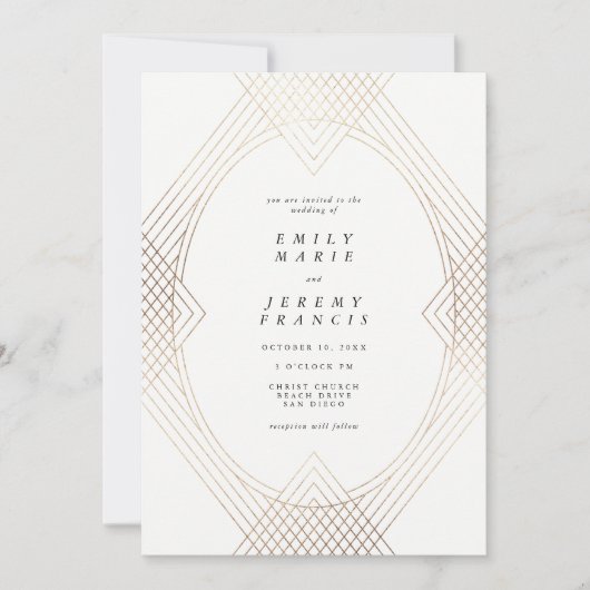 Gold White Oval Geometric Art Deco Gatsby Wedding Kaart (Voorkant)