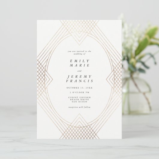 Gold White Oval Geometric Art Deco Gatsby Wedding Kaart (Staand voorkant)