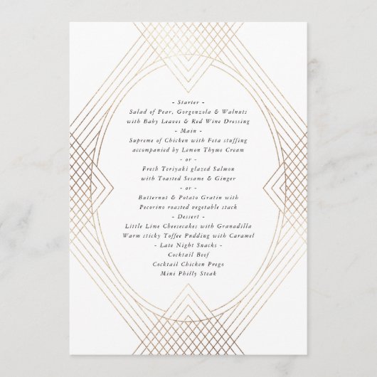 Gold White Oval Geometric Art Deco Gatsby Wedding Menu (Voorkant)
