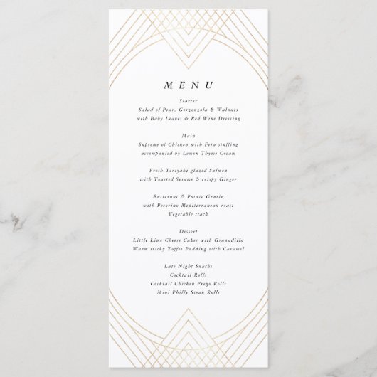 Gold White Oval Geometric Art Deco Gatsby Wedding Menu (Voorkant)