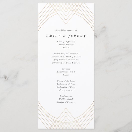 Gold White Oval Geometric Art Deco Gatsby Wedding Programmakaart (Voorkant)