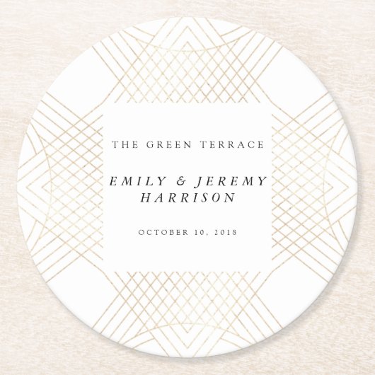 Gold White Oval Geometric Art Deco Gatsby Wedding Ronde Kartonnen Onderzetter (Voorkant)