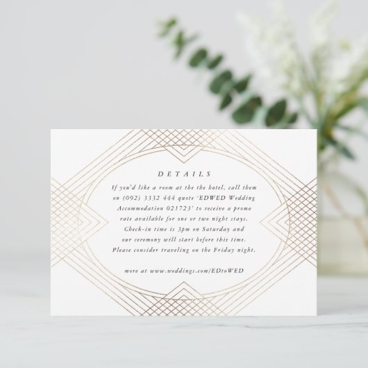 Gold White Oval Geometric Art Deco Gatsby Wedding RSVP Kaartje (Staand voorkant)
