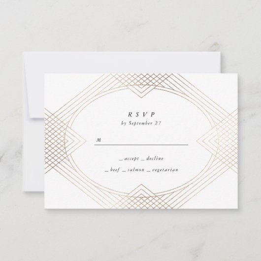 Gold White Oval Geometric Art Deco Gatsby Wedding RSVP Kaartje (Voorkant)