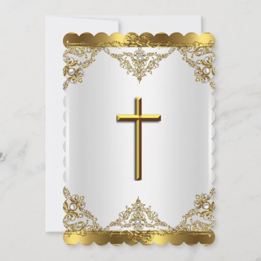 Gold White Pearl Damask Cross Baptisme Christening Kaart (Achterkant)
