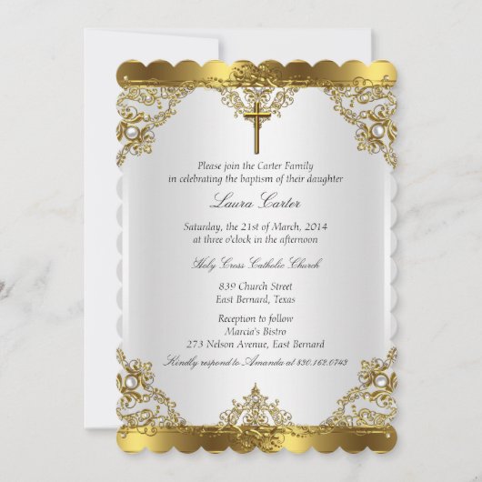 Gold White Pearl Damask Cross Baptisme Christening Kaart (Voorkant)