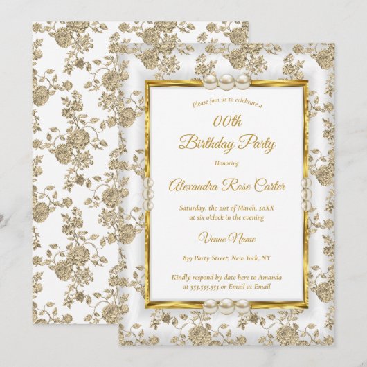Gold White Pearl  Damask Roos Birthday Kaart (Voorkant / Achterkant)