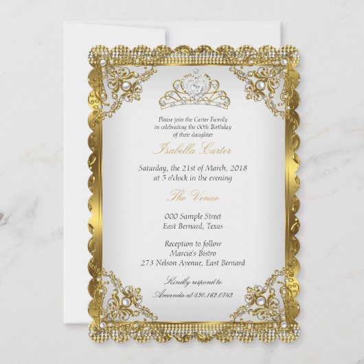 Gold White Pearl Lace Damask Tiara Birthday Party Kaart (Voorkant)