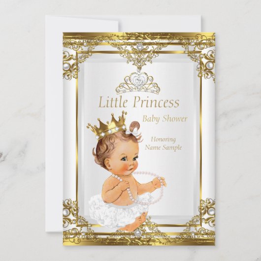 Gold White Pearl Princess Baby shower Brunette Kaart (Voorkant)