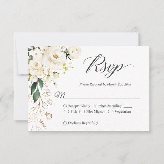 Gold White Peony Floral Wedding Meal Reply RSVP Kaartje (Voorkant)