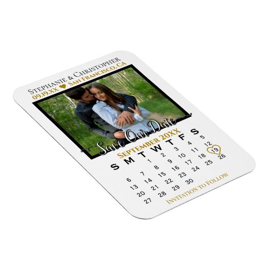 Gold & White Photo Calendar Save Our Date Wedding Magneet (Rechterzijde)