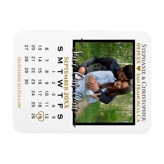 Gold & White Photo Calendar Save Our Date Wedding Magneet (Horizontaal)