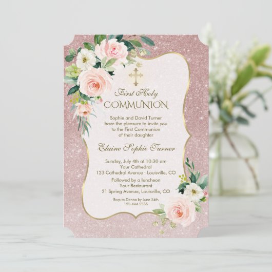 Gold White Pink Floral First Heilige Communie Kaart (Staand voorkant)