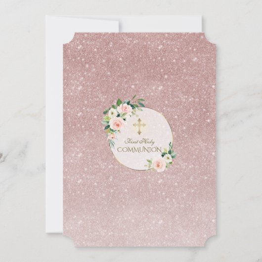 Gold White Pink Floral First Heilige Communie Kaart (Achterkant)