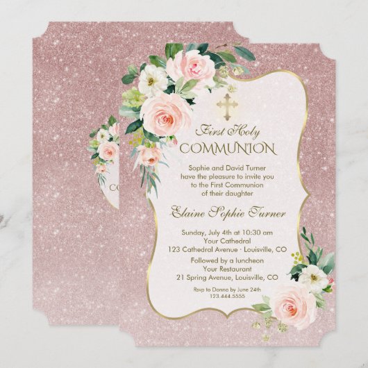 Gold White Pink Floral First Heilige Communie Kaart (Voorkant / Achterkant)