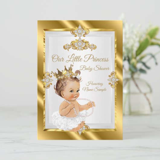 Gold White Princess Baby shower Brunette Kaart (Staand voorkant)