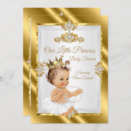 Gold White Princess Baby shower Brunette Kaart (Voorkant / Achterkant)