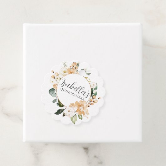 Gold White Rose Floral-gepersonaliseerd Quinceaner Bedankjes Labels (In situ)