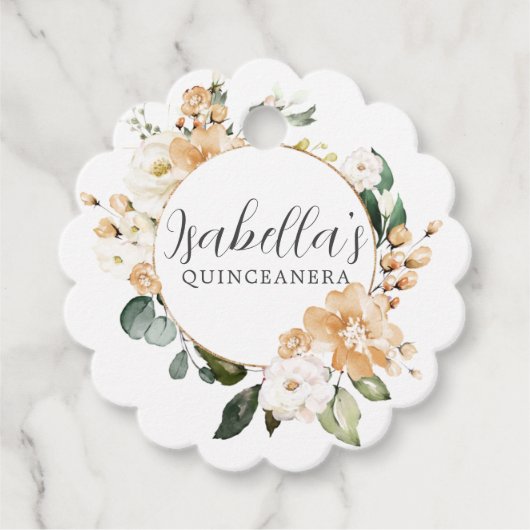 Gold White Rose Floral-gepersonaliseerd Quinceaner Bedankjes Labels (Voorkant)