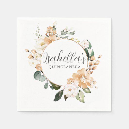 Gold White Rose Floral-gepersonaliseerd Quinceaner Servet (Voorkant)