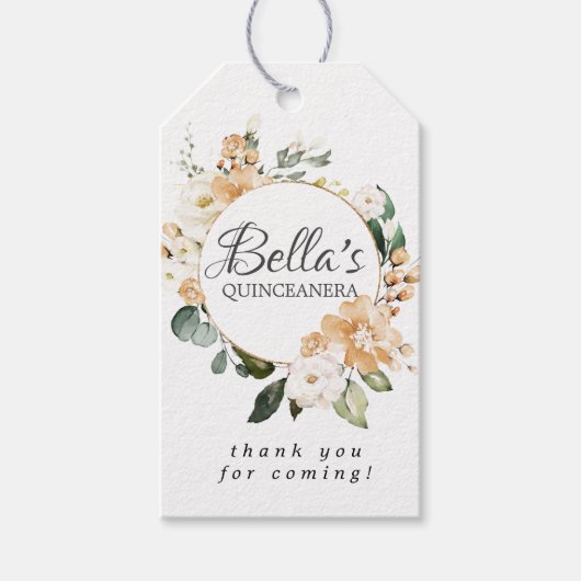 Gold White Rose Floral Quinceanera Favor Cadeaulabel (Voorkant)